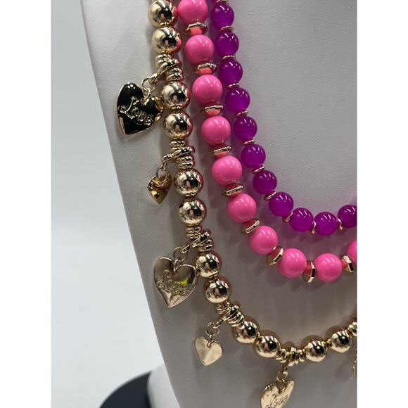 Lilly Pulitzer Triple Strand PINK Beaded GOLD HEART CHARM Love Necklace New - Picture 5 of 13
